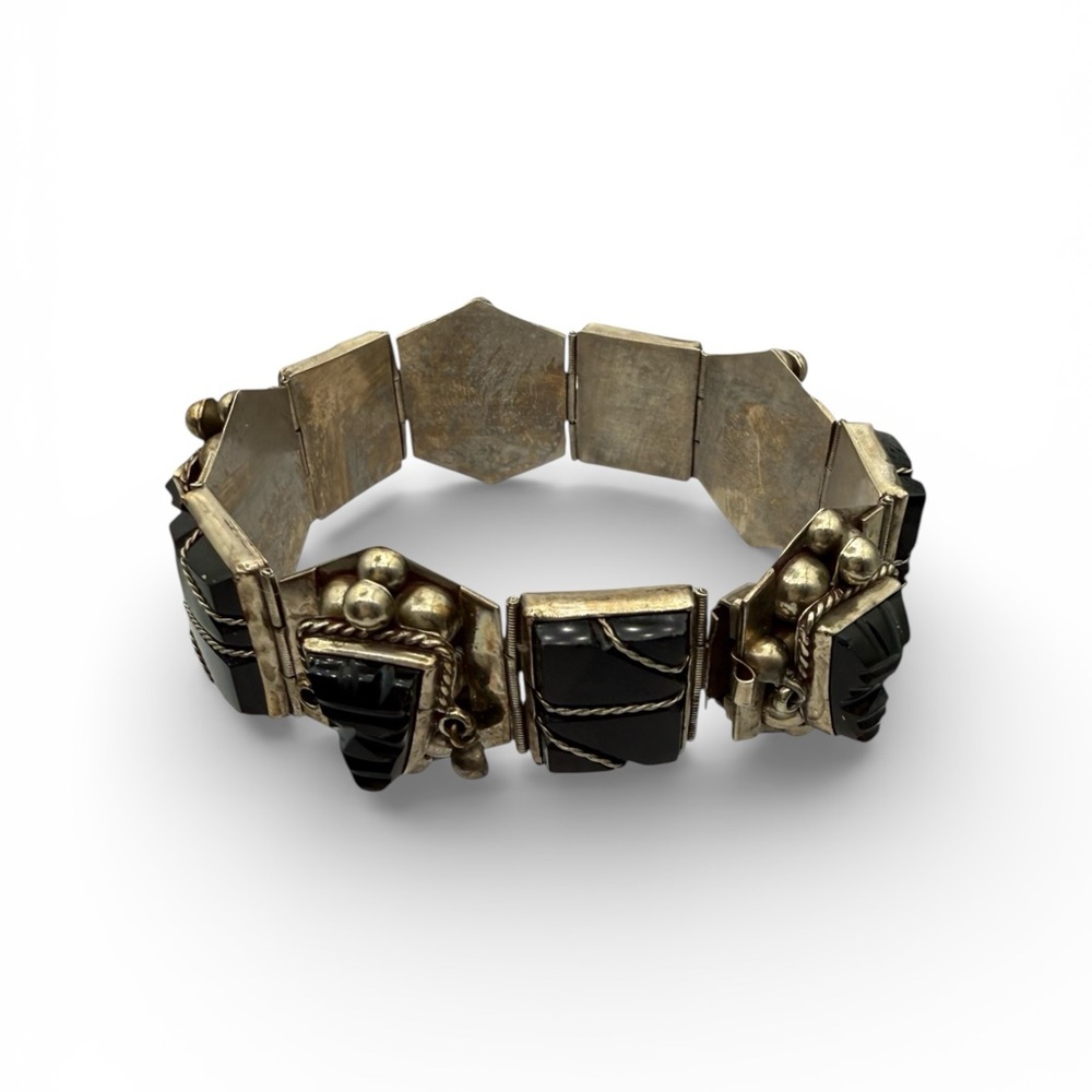 Apacs Mexican stamped Carved Obsidian Aztec Bracelet 7 7/8 long - Picture 7 of 11